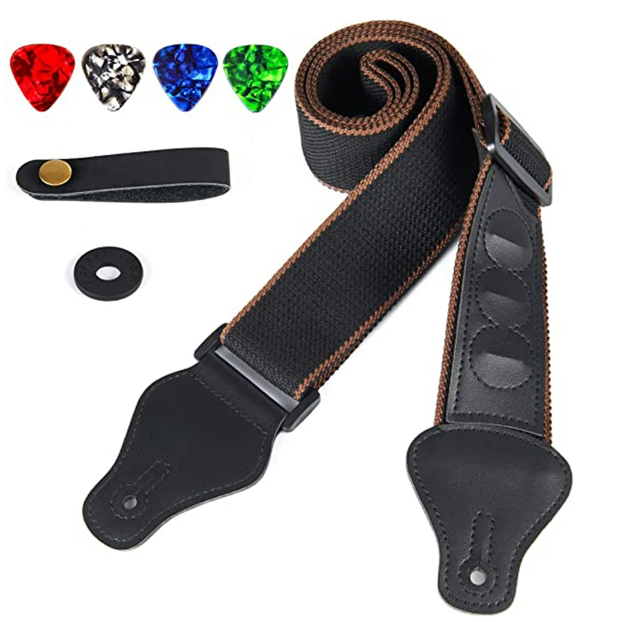 7Pcs/Set Guitar Strap Black PU - مراجعة Musical Instrument In English وسعره