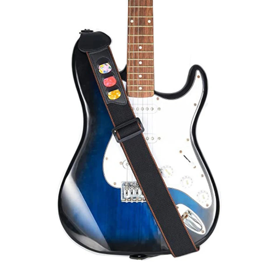 7Pcs/Set Guitar Strap Black PU - مراجعة Musical Instrument In English وسعره